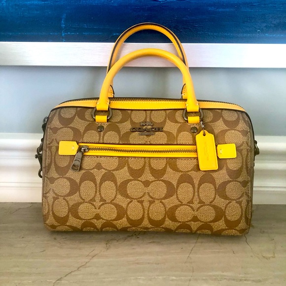 Coach Handbags - Coach “Rowan” khaki with yellow trim satchel.